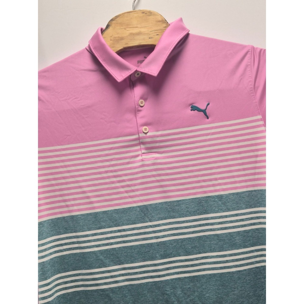 Puma Sports Lifestyle Polo Shirt Mens XXL Pink/White Multi Color Striped Golf